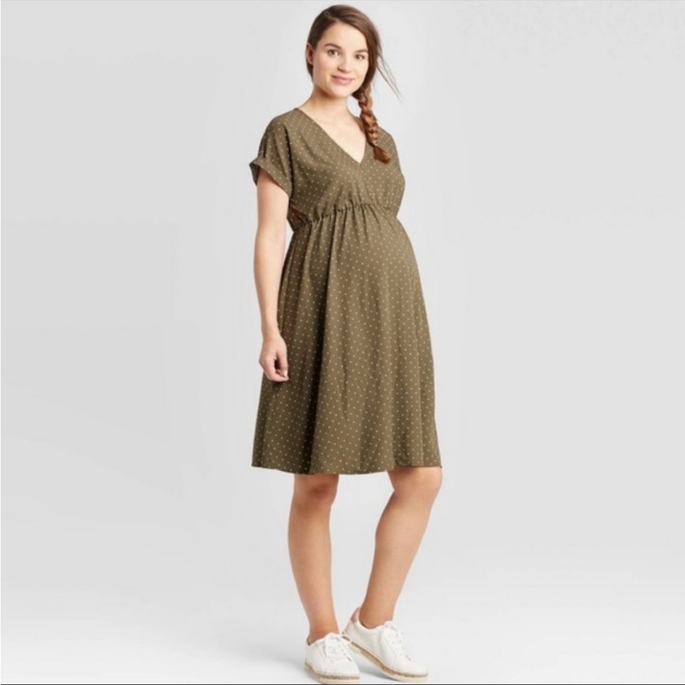 Ingrid & Isabel Maternity Dress in Olive Green and Polka Dot
